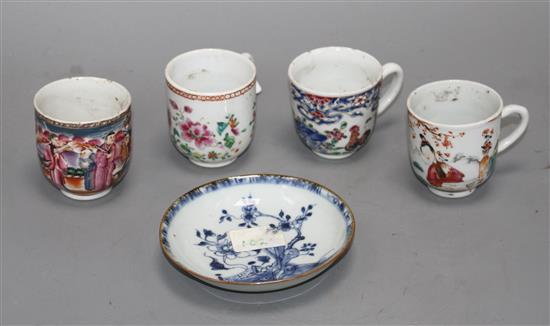 Four 18th century Chinese famille rose polychrome coffee cups, Qianlong period, and a blue and white saucer dish, 11.5cm